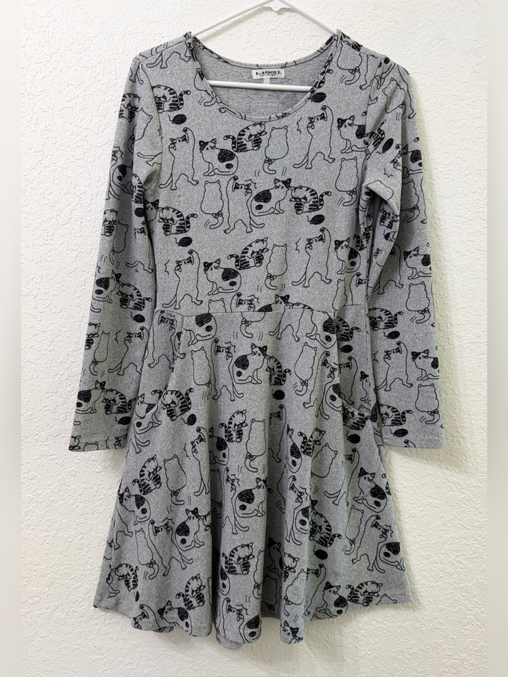 LA Soul - Gray Long Sleeve Knit Dress with All Over Playful Cat Print